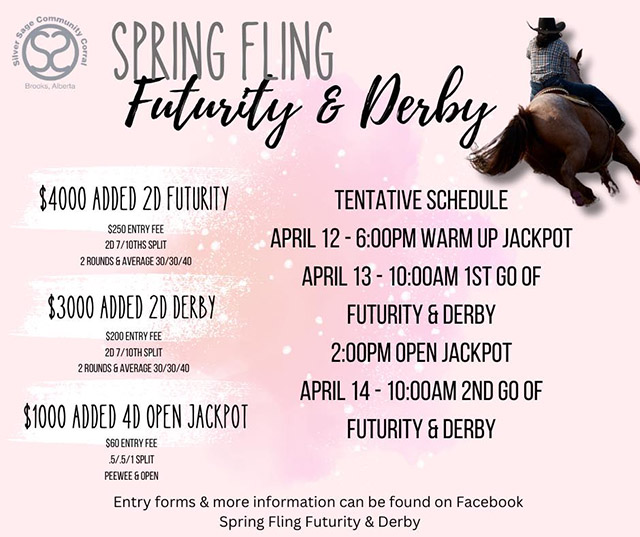 SILVER SAGE SPRING FLING FUTURITY & DERBY

April 12-14, 2024
Silver Sage Community Corral - Brooks, Alberta